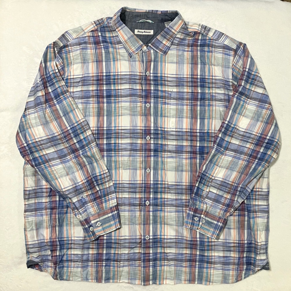 Tommy Bahama Dundee Madras Button Up Shirt Men's Size 3XLB Plaid Blue Orange